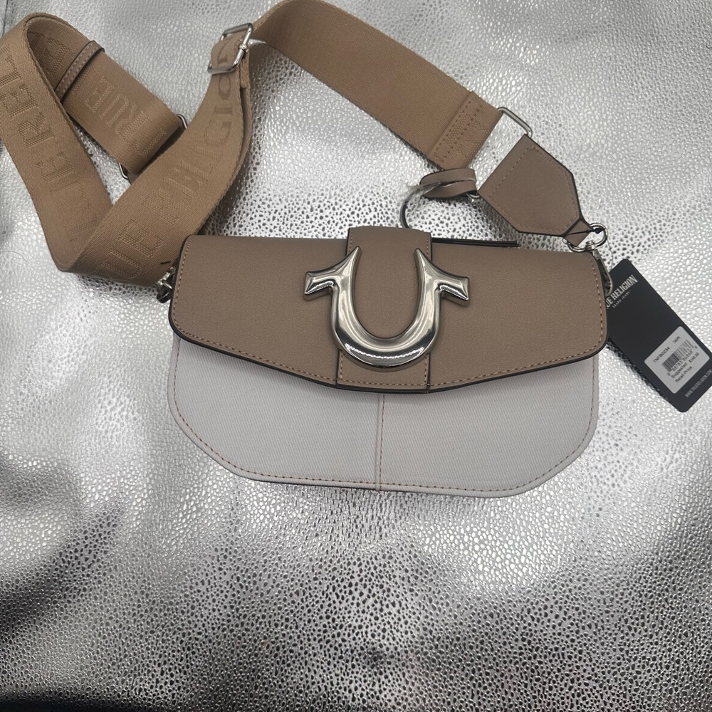 True Religion Tan and White Crossbody Bag with Metallic Hardware